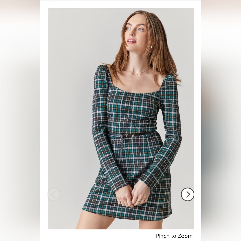 Iris Waisted Plaid Dress Long Sleeve - Green - Francesca's
